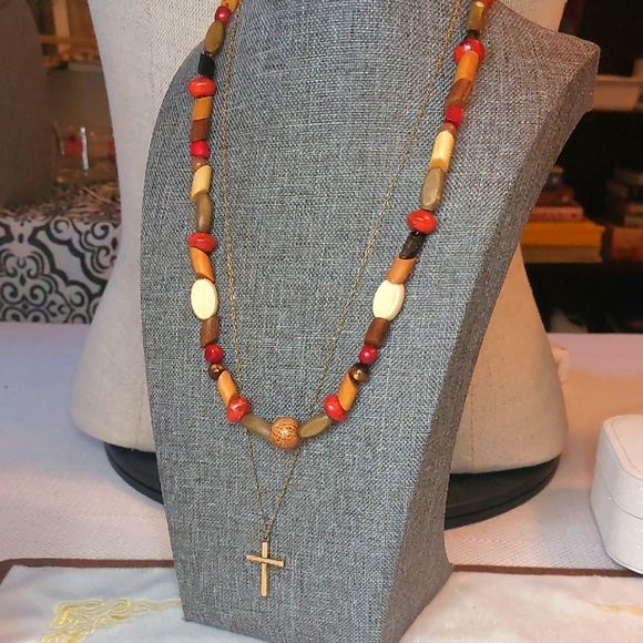 Jewelry - Lot Of 2 Necklaces Vintage Goldtone Cross Wood Bead Toggle